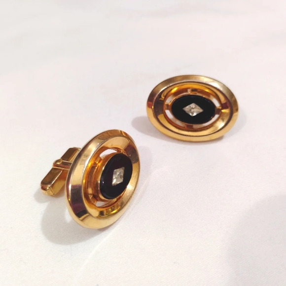 Vintage Anson Cufflinks Onyx Glass Faux Diamond Accent Oval Signed - Picture 5 of 10